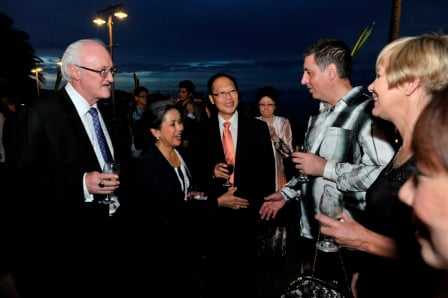 From left: Australian High Commissioner to Malaysia, H.E. Mr Miles Kupa and his wife, Ms Zuly Chudori, together with Honorary Consul for Australia in Penang, Dato' Vincent Loh Khee Lian welcoming Commanding Officer of the Royal Australian Airforce, Louis Nuttycombe and wife, Liane Nuttycombe at the reception.
